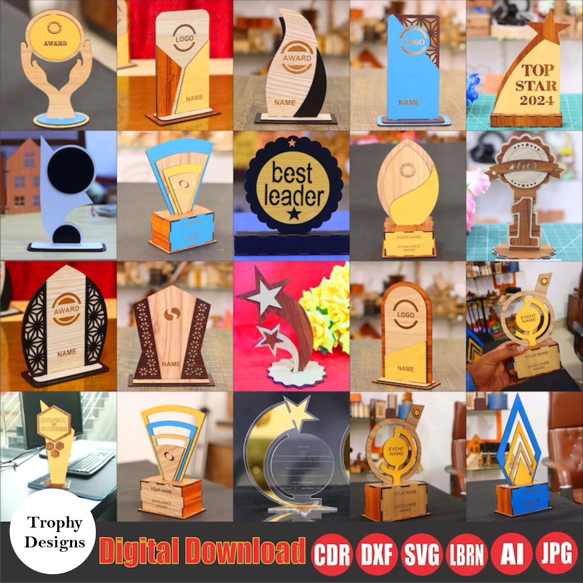 Laser Cut Trophy and Award SVG Bundle | Customizable Awards Trophy Acrylic, Plywood, MDF Designs